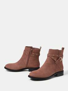 時尚扣飾裝飾的女性經典靴 - 咖啡棕 - 查看 3