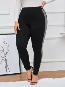 SHEIN Privé Plus Contrast Side Seam Leggings - Black - View 1