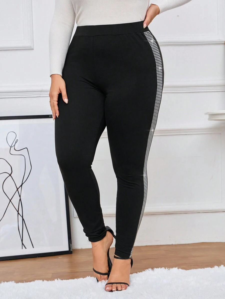 SHEIN Privé Plus Contrast Side Seam Leggings - Black - View 1