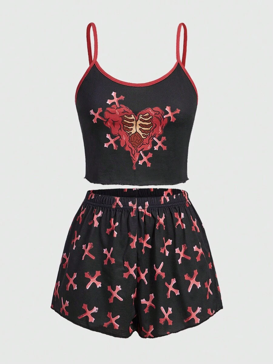 SCREENART 女士十字印花背心短褲睡衣套裝 - 黑色 - 查看 1