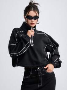 DAZY Contrast Piping Half Zip Drop Shoulder Crop Sweatshirt - Black - View 2