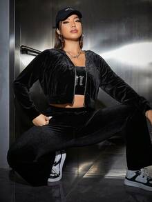 SHEIN EZwear Plus Zip Up Velvet Jacket & Tube Top & Flare Leg Pants - Black - View 6