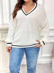 SHEIN Frenchy Kích thước lớn Khối màu Thả vai Áo len Với Đồ trang trí Và Thiết kế - trắng - Xem 3