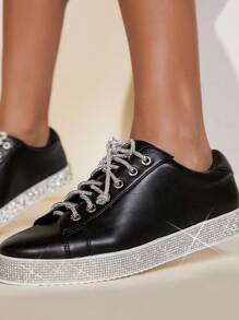 SHUZIA Faux Leather Lace-Up Platform Sneakers Trainers - Black - View 6