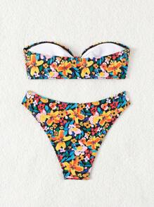 Conjunto de bikini de dos piezas con estampado de flores, para playa de verano - Multicolor - Ver 2