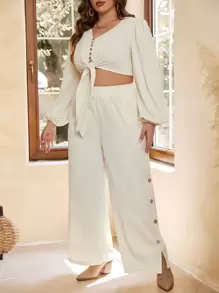 SHEIN VCAY Hơn Nút viền Top Cây trồng & Quần ống rộng - Màu be - Xem 4