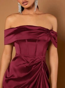 SHEIN BAE 女式露肩褶皱高开叉连衣裙 - 酒紅色 - 查看 5