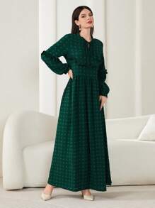 Al Najma Swiss Dot Tie Neck Ruffle Trim Dress - Green - View 3