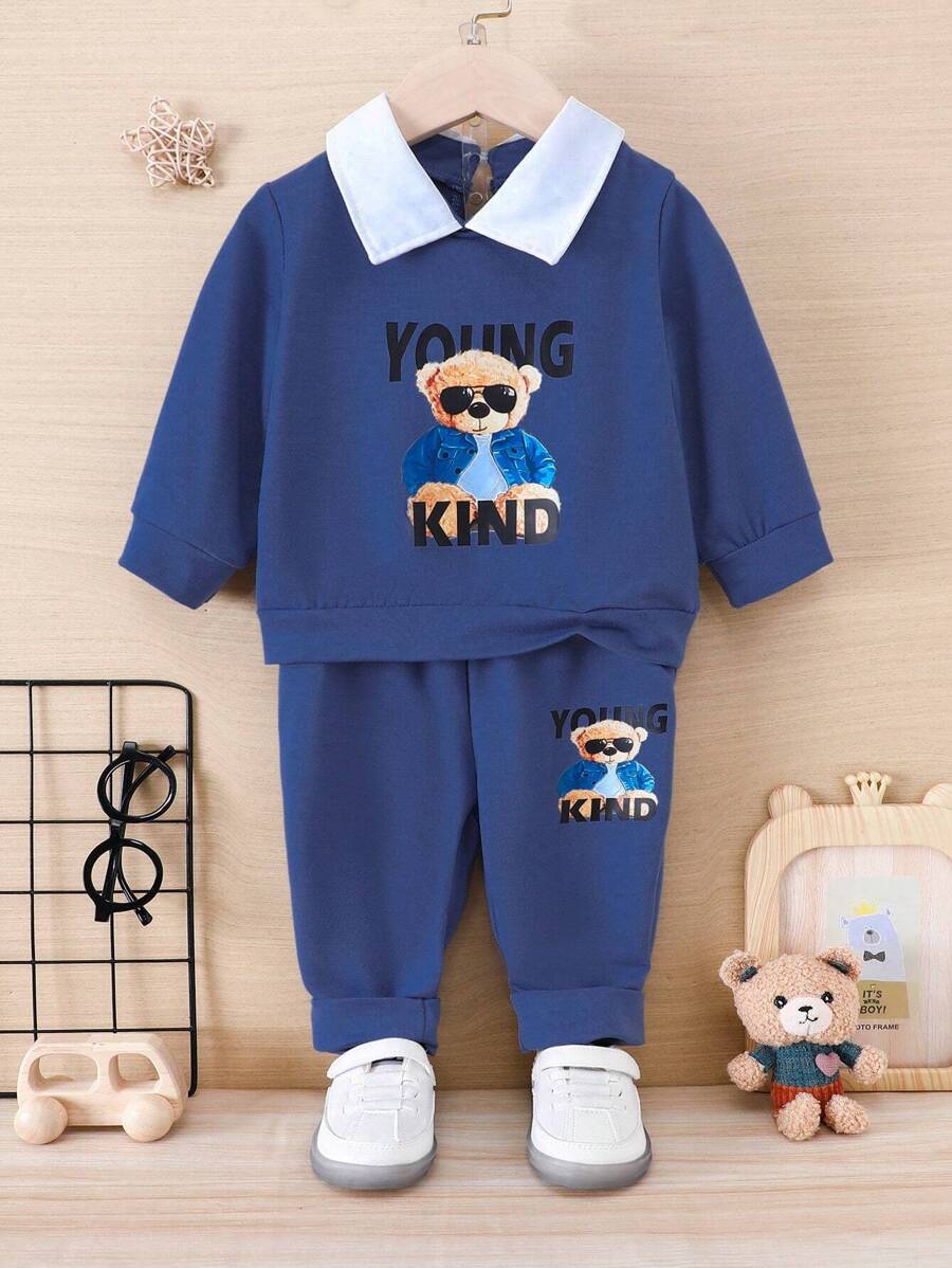 男嬰熊和字母圖案拼接領衛衣和衛褲 - 藍色 - 查看 1