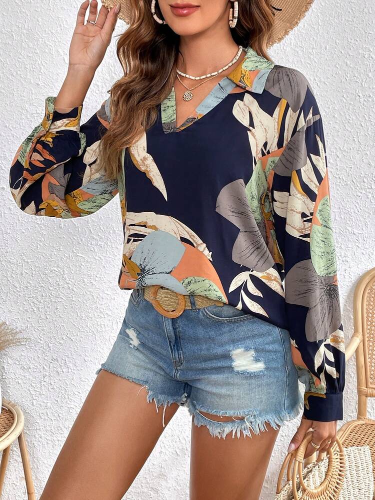 Plants Print Drop Shoulder Blouse