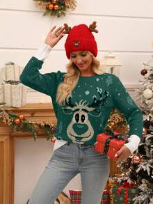 SHEIN LUNE Weihnachten Pullover mit Elchmuster und Kontrastbesatz - Grün - Übersicht 5