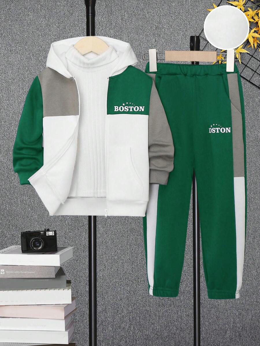 SHEIN Young Boy Letter Graphic Colorblock Hoodie & Sweatpants Without Sweatshirt - Dark Green - View 1