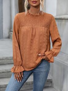 SHEIN Privé Frill Neck Flounce Sleeve Blouse - Brown - View 5