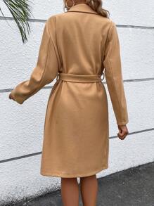 Chiquease Lapel Neck Pocket Patched Button Front Belted Overcoat Fall Cloth For Women - Khaki - View 2