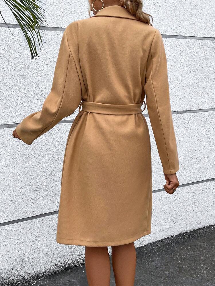 Lapel Neck Pocket Patched Button Front Belted Overcoat Fall Cloth For Women