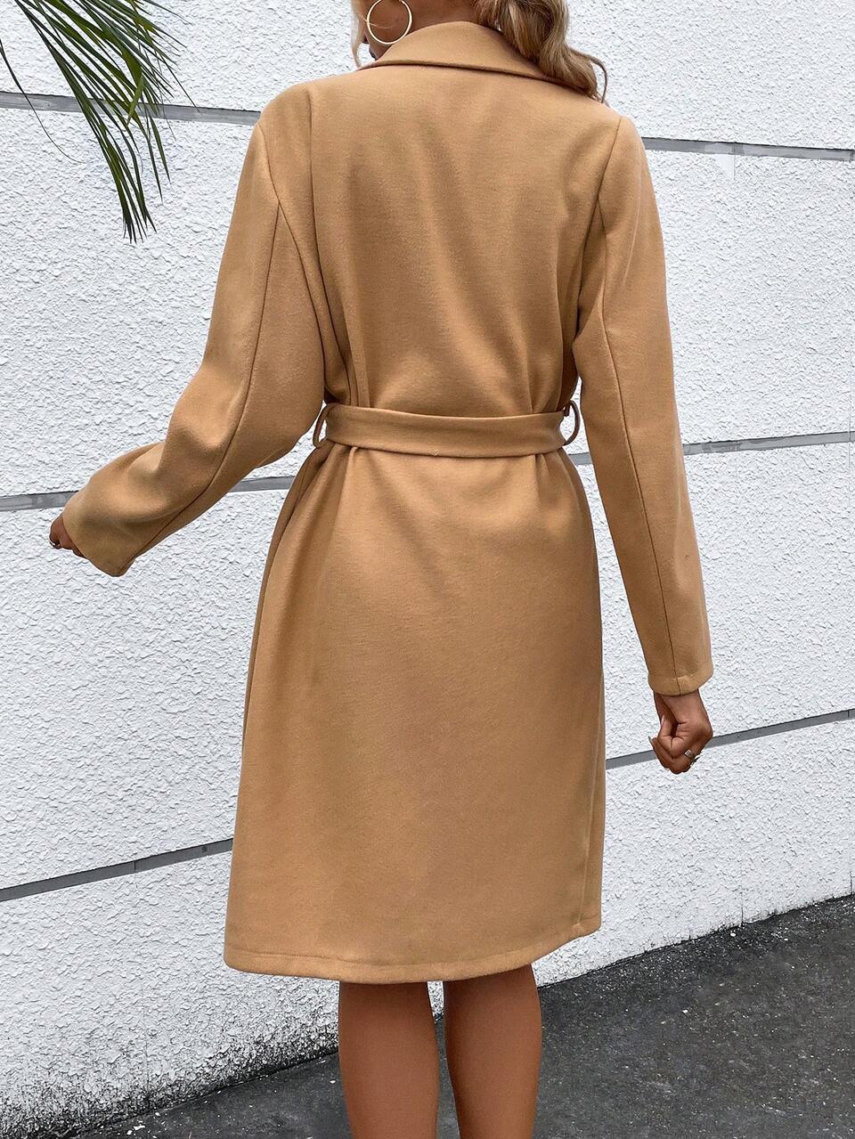 Lapel Neck Pocket Patched Button Front Belted Overcoat Fall Cloth For Women