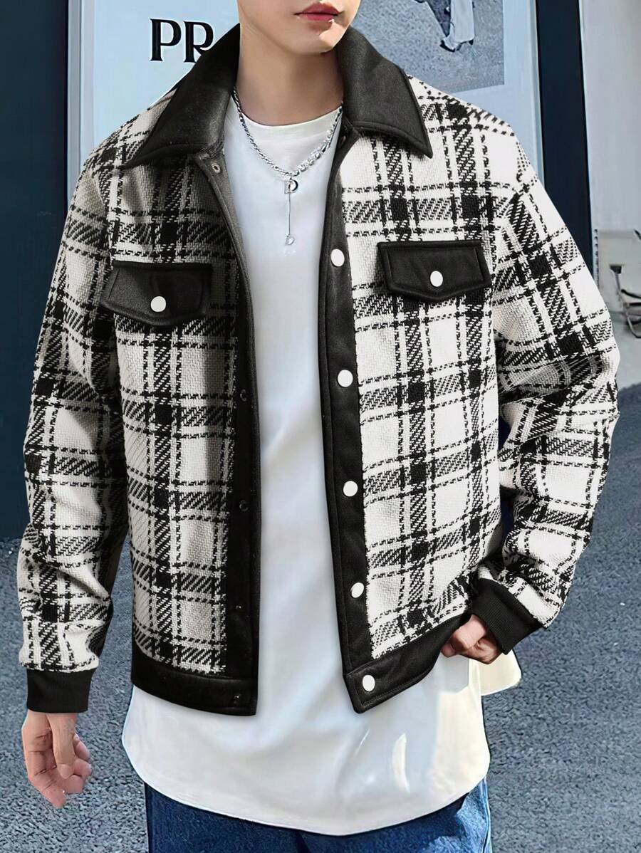 Manfinity Hypemode Men Plaid Print Flap Detail Overcoat - Black - View 1