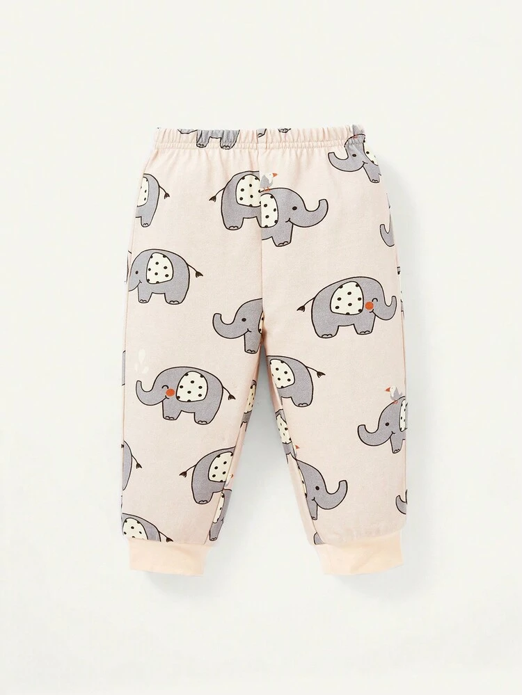 Baby Boy Elephant Patched Tee & Cartoon Graphic Sweatpants