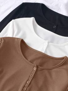 Chiquease 3pcs Nút Nửa Đồ đan Ribbed Áo thun - Nhiều màu - Xem 3