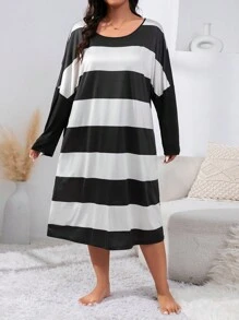 Plus Size Casual Striped Drop Shoulder Sleeve Sleep Dress - Black and White - View 4