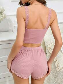 Conjunto de pijama de tirantes ribete con encaje fruncido con nudo delantero