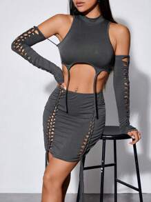 SHEIN PETITE Mock Neck Asymmetrical Hem Crop Top & Lace Up Front Bodycon Skirt
