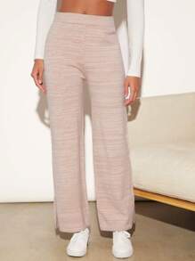 SHEIN BASICS Split Hem Straight Leg Sweater Pants - Khaki - View 5