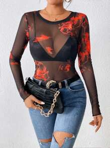 Allurite Fire Print Mesh Top Without Bra - Black - View 4