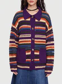 ROMWE 條紋拼色下垂肩開襟針織外套 - 彩色 - 查看 2