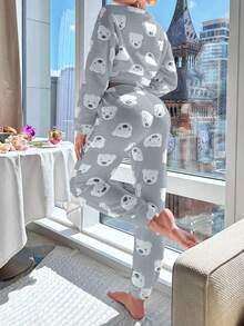 Bear Print Drop Shoulder Flannel PJ Set - Grey - View 2