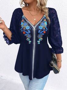 SHEIN LUNE 大碼印花喇叭袖T恤 - 藏蓝色 - 查看 7