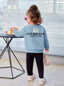 SHEIN 女嬰字母補丁細節標語圖案運動衫 - 藍色 - 查看 2