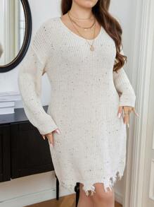 Celure Plus Drop Shoulder Distressed Sweater Dress
