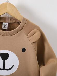 SHEIN 小男孩卡通图案插肩袖 3D 耳朵设计保暖衬里运动衫和运动裤熊睡衣棕色婴儿睡衣 - 棕色 - 查看 3