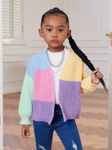 Chica Joven Cárdigan de plumero de color combinado de hombros caídos - Multicolor - Ver 6