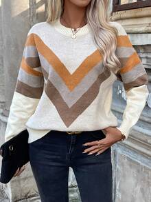Chiquease Mô hình Chevron Thả vai Áo len - Màu Khaki - Xem 6