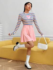 SHEIN EZwear Solid Zipper Front Fold Pleated Skirt - Pink - View 3