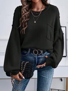 Chiquease Solid Drop Shoulder Pocket Patched Knit Pullover Fall Winter Sweater - Black - View 3
