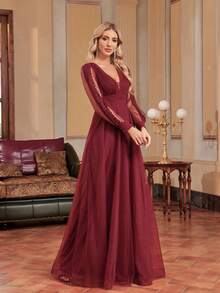 XUIBOL Plunging Neck Lantern Sleeve Mesh Prom Dress - Burgundy - View 6