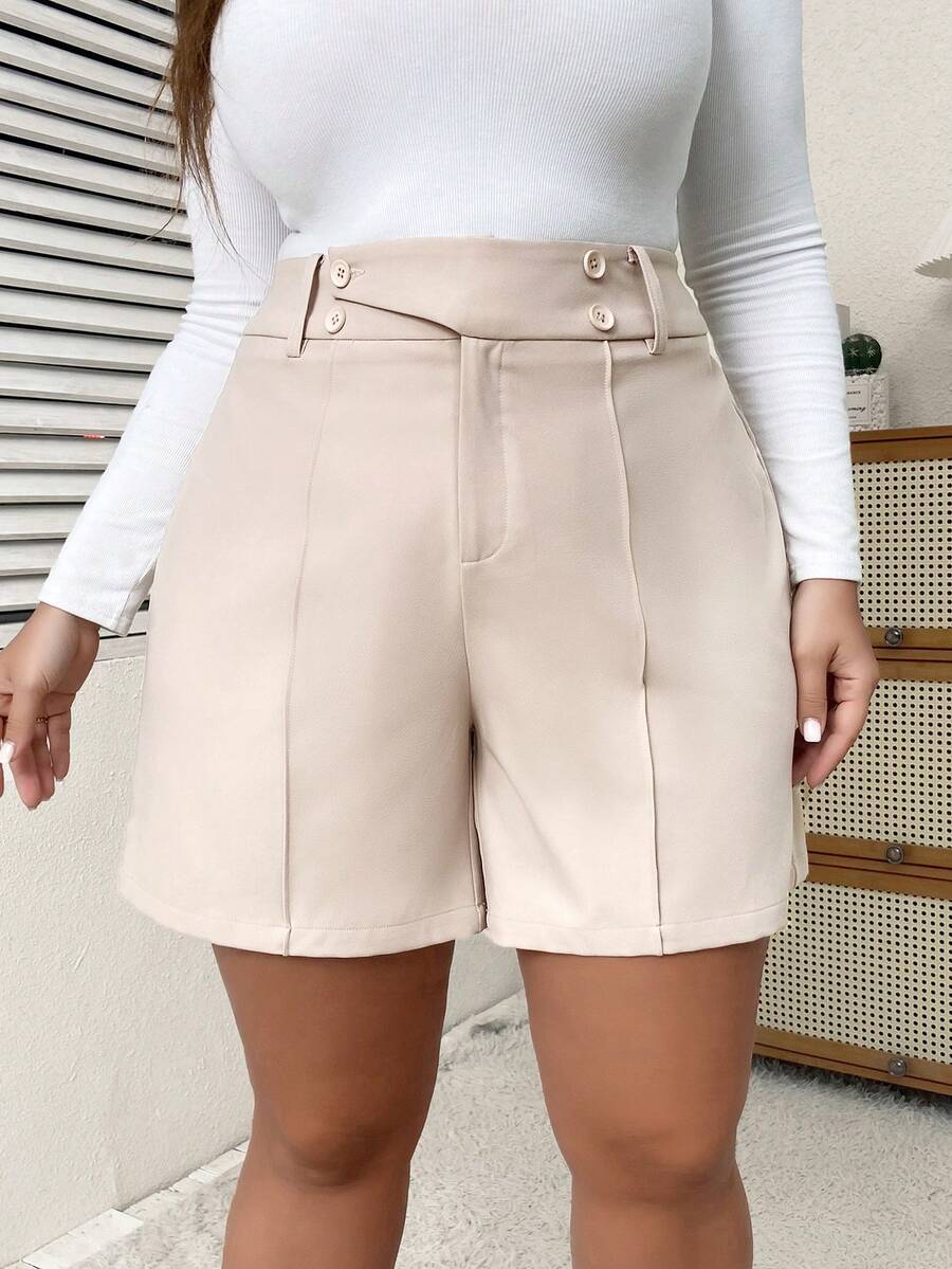 SHEIN Essnce Plus High Waist Seam Detail Shorts - Khaki - View 1
