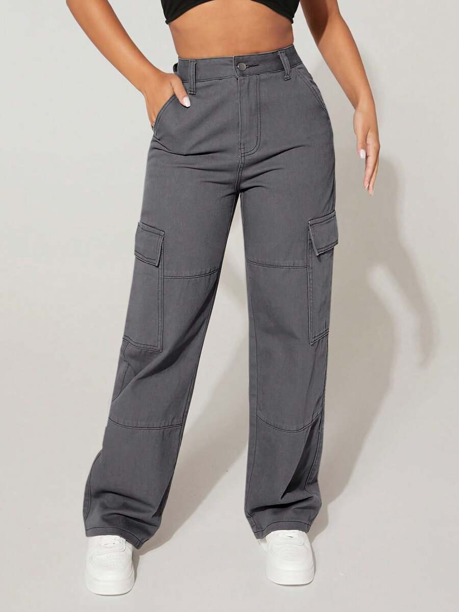 SHEIN PETITE High Waist Flap Pocket Cargo Jeans - Dark Grey - View 1