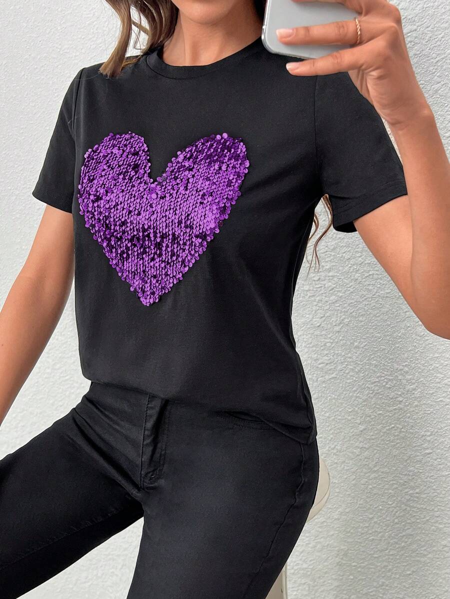 SHEIN Essnce T-shirt À Paillettes Avec Motif Cœur - Prune - Voir 1
