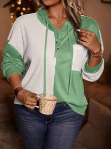 SHEIN LUNE Plus Size Two Tone Drop Shoulder Drawstring Sweatshirt - Multicolor - View 5