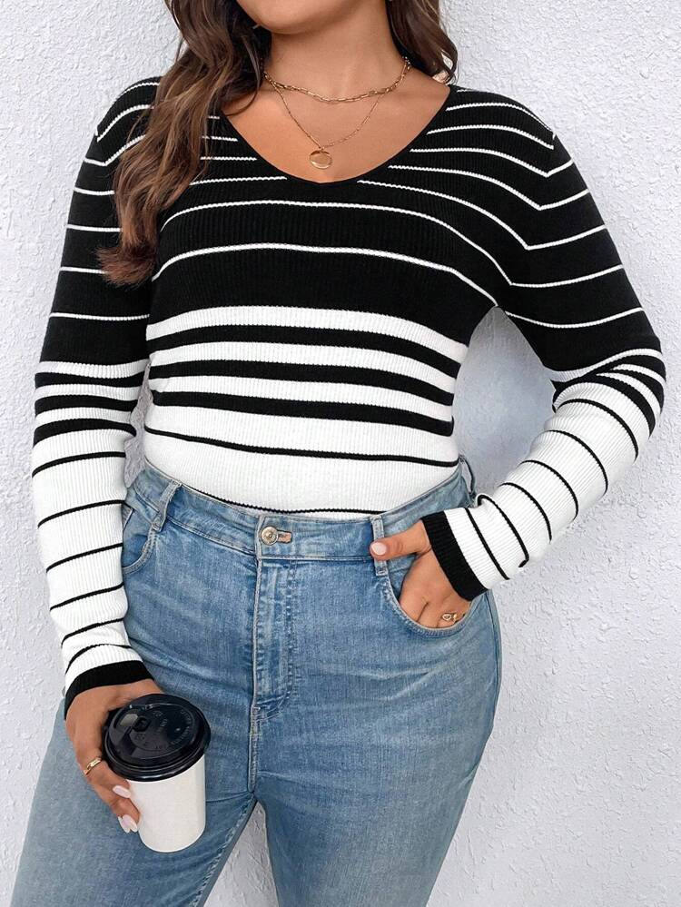 Plus Striped Pattern Sweater