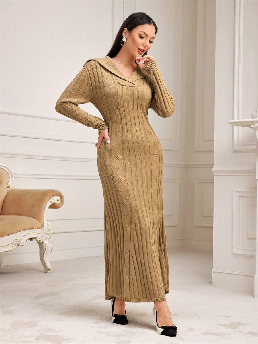 Modelyn Sailor Collar Sweater Dress Without Belt - Khaki - View 1