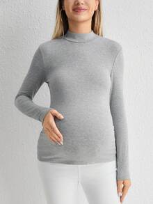 SHEIN 孕婦小高領修身T恤 - 灰色 - 查看 5