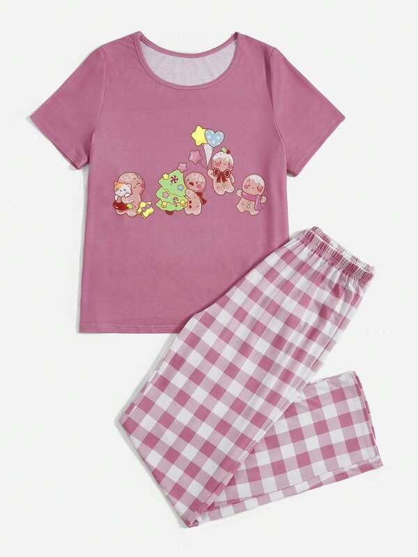 JullDiaz Women'S Adorable Christmas Gingerbread Man Short Sleeve Plaid Pants Pajama Set