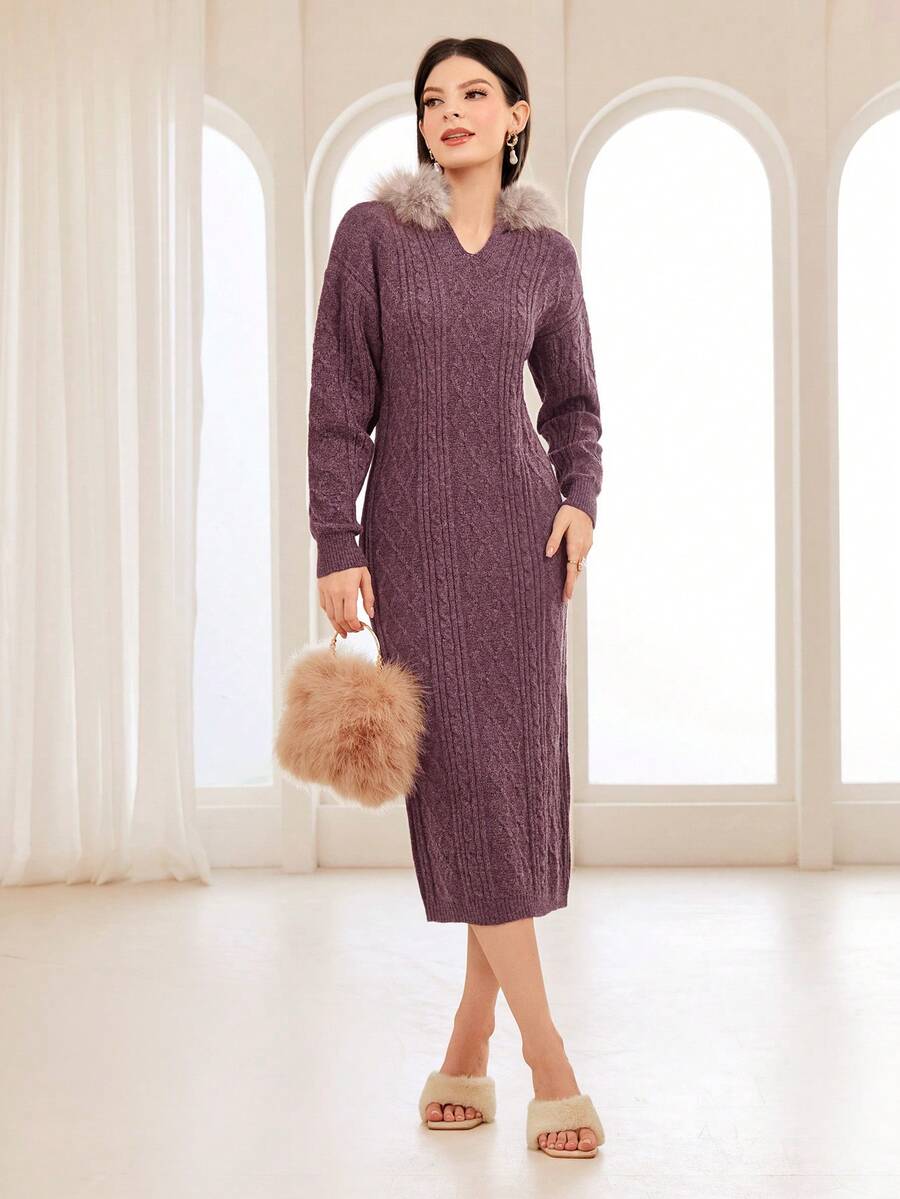 Modelyn 毛茸邊落肩袖連帽毛衣洋裝 - 酒紅色 - 查看 1