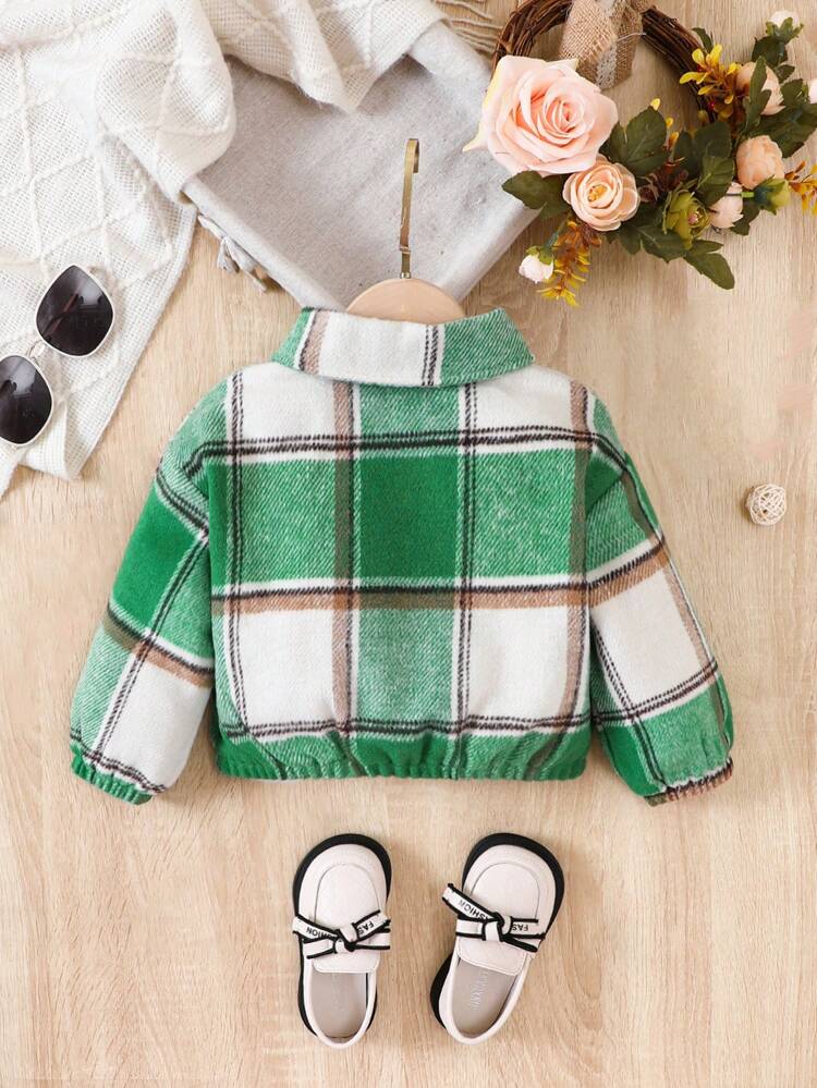 Young Girl Plaid Print Drop Shoulder Jacket