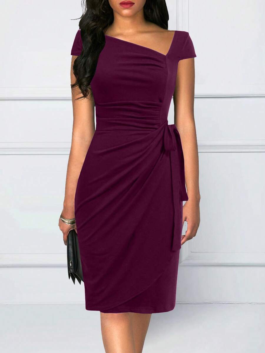 Asymmetrical Neck Knot Side Wrap Hem Dress - Maroon - View 1